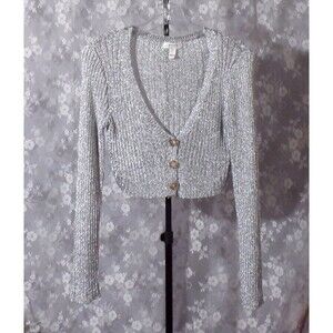 Silver Cardigan Cropped Knit V-Neck Long Sleeve Space Chic Glam Size Small
